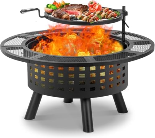 36 inch Outdoor Fire Pit with Grill,Wood Burning Firepits for Outside with Lid & Fire Poker,Metal 3-in-1 Fire Pit Table with Cooking Grate,Outdoor Fireplaces for Bonfire,Yard,BBQ（Jet Black）