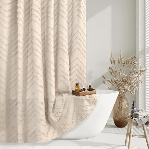 Beige Boho Shower Curtain 72 x 72 Modern Farmhouse Shower Curtain Bohemian Chic Tufted Chevron Textured Striped Minimalist Shower Curtains Woven Fabric Beige Shower Curtains