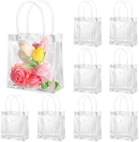 BESARME 20 Pack 6.3" x 5.9" x 2.8" Clear Gift Bags with Handle, Reusable Plastic Small Gift Bags for Christmas Party Favors Wedding Birthday