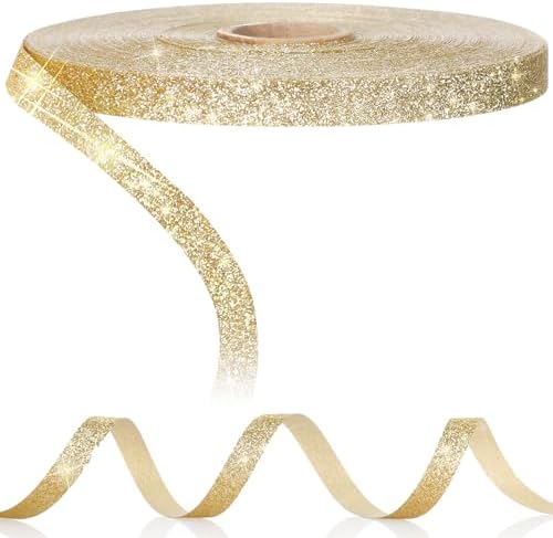 Syhood 50 Yards Christmas Glitter Ribbon Wrapping 3/8" Wide Sparkle Waterproof Sparkly Ribbon Balloon String for DIY Craft Wrapping Wedding Valentine Decoration(3/8 inch x 50 Yard,Gold)