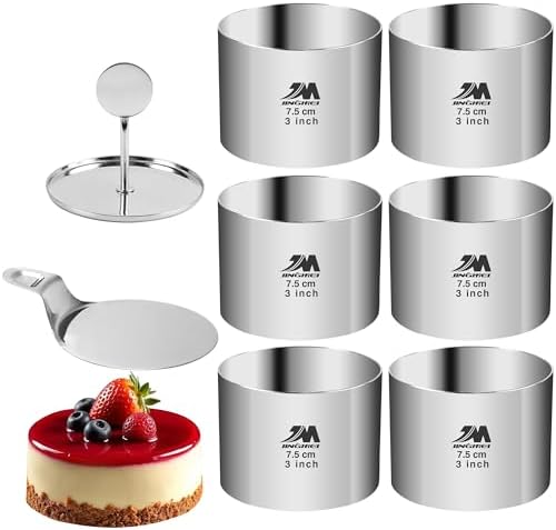 6 Pack Round Cake Ring Molds, Seamless Stainless Steel Cake Cutter with Pusher & Lifter, 3-Inch Dessert Mousse Rings for Baking (Includes 1 Pusher, 1 Lifter and 6 Rings)