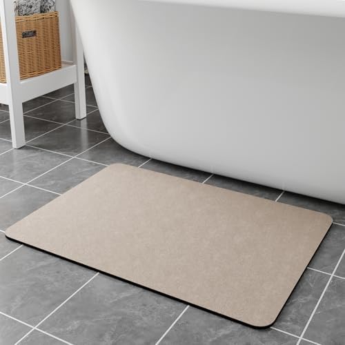 Bath Mat Rugs 32x17 - Diatomaceous Earth Bath Mats Quick Dry Absorbing Bathroom Rugs Rubber Non Slip Thin Bathroom Mat Fit Under Door, Bath Mat for Bathroom Floor, Tub and Shower, Sink, Taupe
