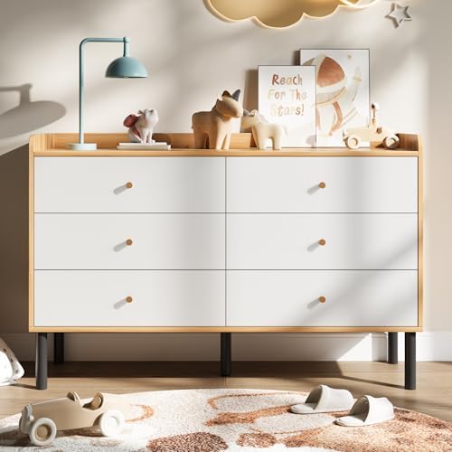 Kids Dresser for Bedroom, 6 Drawer Baby Dresser with Golden Handles, Modern Wood Chest for Hallway, Entryway, Nursery, White