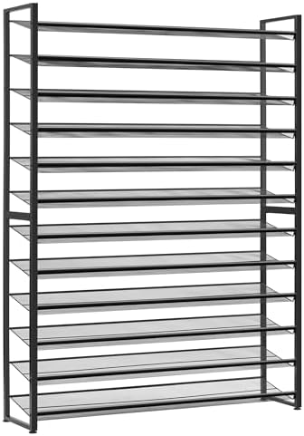 Shoe Rack, Long Shoe Organizer,Max Holds 75 Pairs,12 Tier Metal Shoe Storage Shelf,6-Tier Stackable Shoes Organizer for Garage, Entryway,Black
