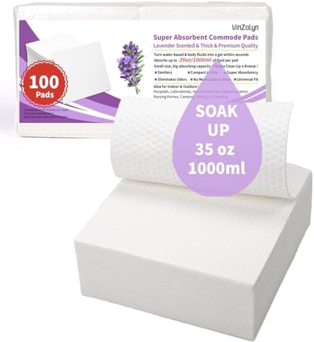 100 PCS Lavender Scented Super Absorbent Pads for Commode, Light Scent Commode Pads for Bedside Commode Liners, Medical Grade, Portable Potty, Adults Toilet Chair, for Camping, Seniors and Disabled