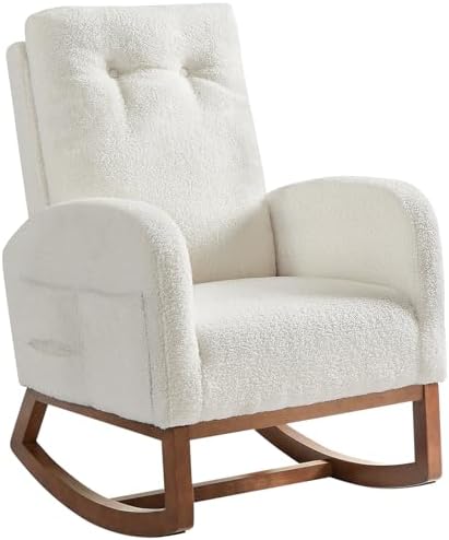 ONBRILL Rocking Chair Nursery, Rocking Chairs with Solid Wood Legs, Teddy Fabric, Glider Chair with Upholstered High Backrest, Nursery Chair for Living Room, Baby Room, Bedroom