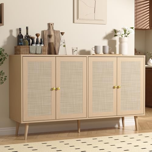 Rattan Sideboard Buffet with Doors, 55" Large Sideboard Buffet Storage Cabinet, Boho Accent Cabinet, Mid Century Modern Coffee Bar for Kitchen, Living Room, Entryway, Oak