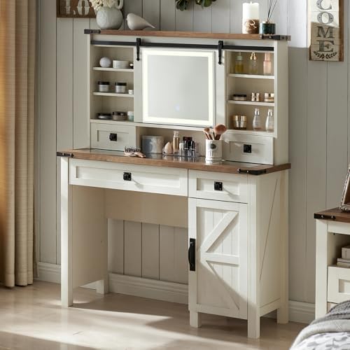 T4TREAM Farmhouse Makeup Vanity Desk with Sliding Mirror and Lights, 42'' Glass Tabletop Vanity Table with 2 Drawers & Shelves, Rustic Big Vanity Set for Bedroom, Antique White