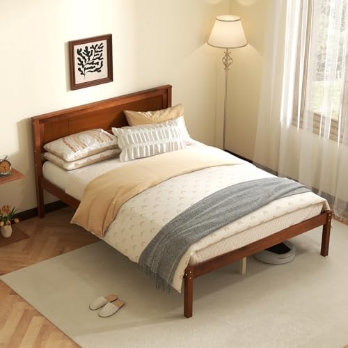 KOMFOTT Full Size Wood Platform Bed Frame with Headboard, Solid Wood Bed Frame with Slat Support, 7-Leg Support, Under Bed Storage, 16-Inch Mattress Foundation Bedroom Furniture, No Box Spring Needed