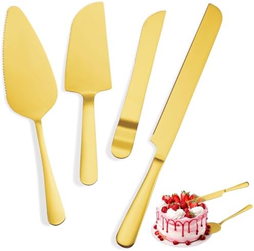 4 Pcs Gold Cake Cutting Set, Premium Cake Cutter & Pie Server Set for Wedding, Thickened Stainless Steel Cake Knife and Server with Rounded Edges, Pie Server Spatula Birthday Christmas Gift
