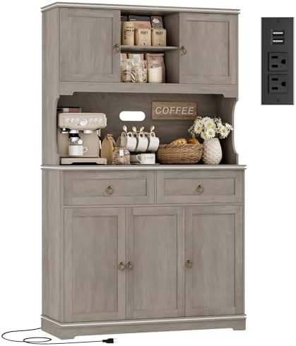 HOSTACK 71" Tall Pantry Cabinet with Power Outlets, Kitchen Pantry Storage Cabinet with Microwave Stand, Farmhouse Kitchen Hutch with Drawers, Food Pantry Large Cupboard for Dining Room, Ash Grey
