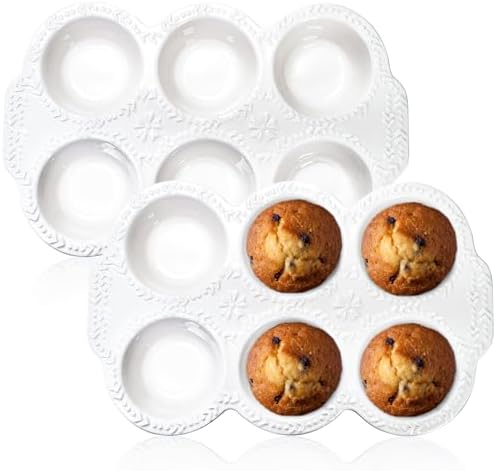 Hiceeden 2 Pack 6-Cup Ceramic Muffin Pan, Nonstick Cupcake Baking Pans with Handle, Ceramic Muffin Tin with Embossed Pattern for Muffin, Cupcake, White