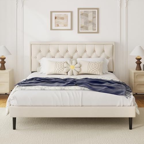 King Size Platform Bed Frame with Upholstered Velvet Button Tufted Headboard, Mattress Foundation with Wooden Slat Support, No Box Spring Needed, Easy Assembly, Noise Free, Beige