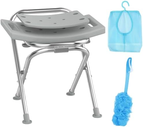 Folding Shower Chair for Inside Shower, Stainless Steel Foldable Shower Stool, 400lbs Portable Folding Shower Seat for Travel, Anti-Slip Small Shower Chair for Elderly Disabled Injured, Gray