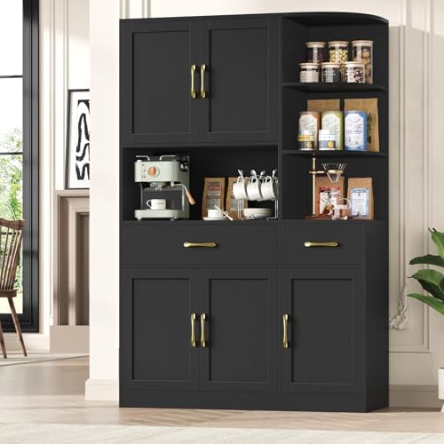 67" Kitchen Pantry Cabinet, Modern Kitchen Hutch with 5 Doors and 2 Drawers, 3-Tier External Shelf, Large Pantry Storage Cabinet with Microwave Stand for Dining Room, Black