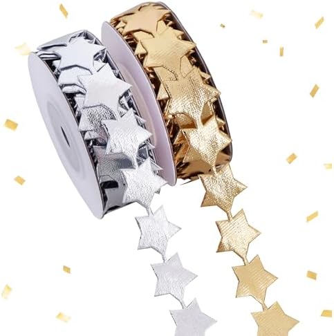TONIFUL 2 Rolls 5/8 Inch Christmas Ribbons - Gold & Silver Stars Trim Ribbons for Christmas Tree, Wreath, Garland, DIY Crafts, Gift Wrapping, Hanging Ornament, Party Decorations - 10 Yards/Roll