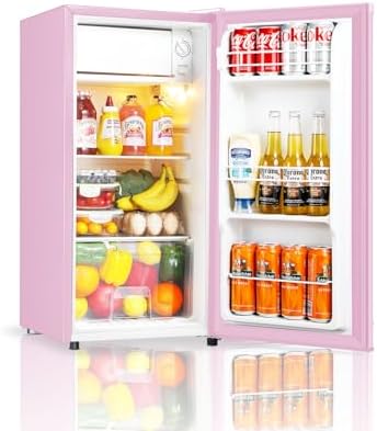 Seaoola Mini Fridge with Freezer, Single Door 3.1 Cu.Ft, Compact Mini Refrigerator, LED Light, Adjustable Thermostat, Removable Glass Shelves, Small Refrigerator for Dorm/Office/Bedroom(Pink)