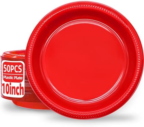 Red Plastic Plates Disposable 10 inch | 50 PCS Red Disposable Plates for Party, Picnic, Birthday, Christmas