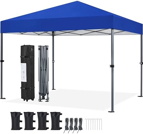 Yaheetech 10x10 1-Person Setup Pop Up Canopy Tent, Instant Portable Commercial Canopy Tent, Outdoor Gazebo with 1-Button Push, Wheeled Bag & 4 Sandbags for Home, Party & Outdoor Activities, Blue