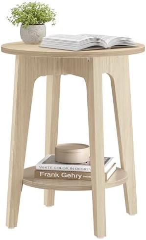 VASAGLE Side Table, Small Round End Table with Lower Shelf, Nightstand for Small Spaces, Living Room, Bedroom, Natural Beige ULET283N01