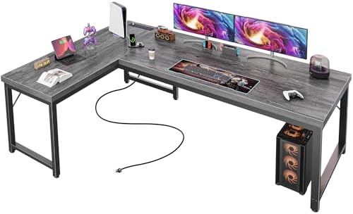 Huuger 63 Inch L Shaped Desk with Power Outlets and USB-C Port, Reversible Computer Desk, Larger Office Corner Gaming Desk, 0.95 Inch Thicker Desktop, Metal Frame, for Home Office, Study, Grey