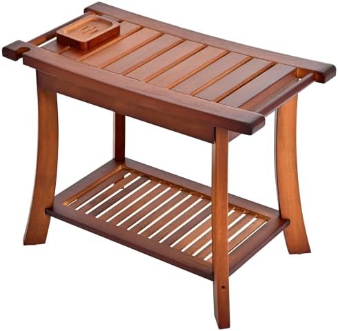 Teak Shower Chair Stool, 24 Inch Shower Bench Seat, Wooden Bathroom Bench with Storage Shelf for Adults, Elderly, Disabled Indoor & Outdoor Use (Walnut)