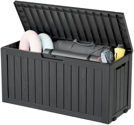 KAMABOKO Deck Box, 72 Gallon Resin Indoor and Outdoor Storage Boxes Waterproof for Garden Tools, Pool Accessories Storage Bench, Patio Furniture and Cushions with Lockable Lid, Black