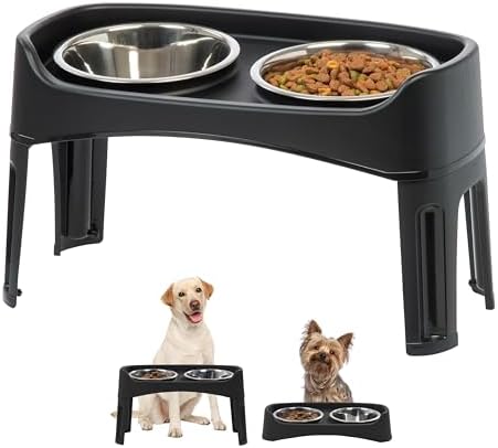 IRIS USA Elevated Dog Bowls, Adjustable Height, 2 Thick 64 oz Stainless Steel Bowls, Spill-Proof with Raised Outer Rim, Durable Made in USA Plastic, Easy Assemble, 2 Heights 4.63" or 12.25" Black
