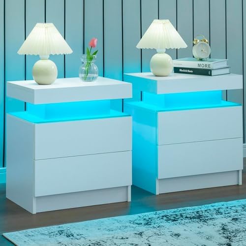 Nightstand Set of 2 LED Nightstand with 2 Drawers,Night Stand Set 2 with LED Light,Bedside Table with Drawers for Bedroom,White