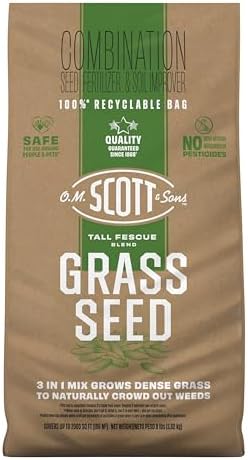 O.M. Scott and Sons Tall Fescue Blend Grass Seed, Fertilizer and Soil Improver, Naturally Crowds Out Weeds, Covers Up to 2,000 sq. ft., 8 lbs.