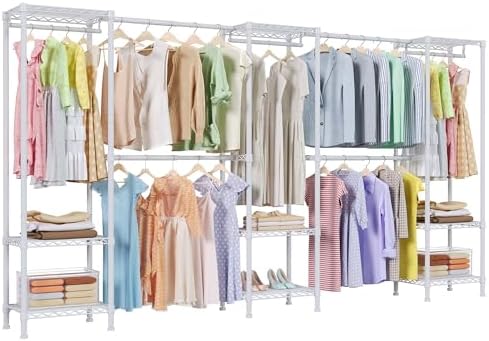 H11 Heavy Duty Garment Rack, Clothing Rack for Hanging Clothes, Extra Large Closet, Freestanding Wardrobe Closet Organizer and Storage with Hanger Rods, Extendable from 7.8 to 10.8 ft, White