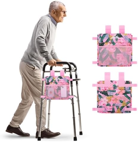 supregear Walker Side Bag, Water Resistant Accessory Basket Pouch for Folding Walkers, Lightweight Hand Free Storage Carrier Tote, Universal Size Seniors Caddy Attachment, Pink Floral