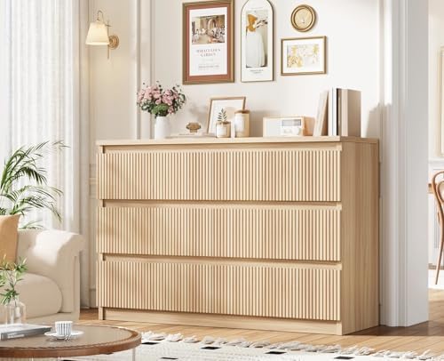 Oak 6 Drawer Dresser for Bedroom, Modern Fluted Dresser, Bedroom Dressers with Drawers, Large Double Wooden Chest of Drawers for Living Room, Hallway