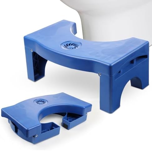 Auoace Collapsible Toilet Poop Stool for Adults, 7" Heavy Duty Slip-Proof Bathroom Foot Stool, Dark Blue Curved Portable Size Fits 14 to 16inch Toilets