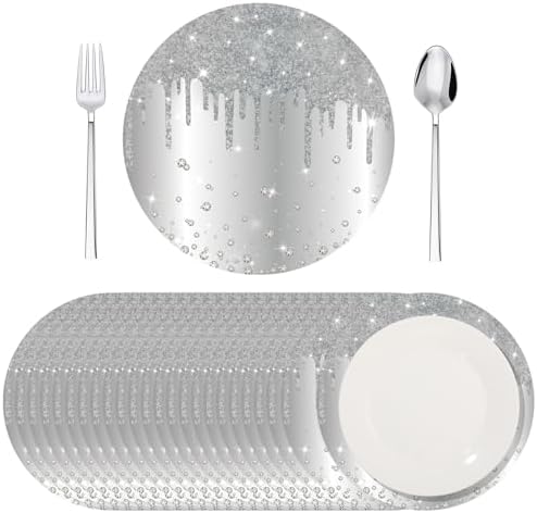 120 Pieces Silver Paper Placemats 13 Inch Glitter Diamonds Round Disposable Table Mats Decorative Paper Mats for Dining Wedding Birthday Silver Glitter Banquet Party