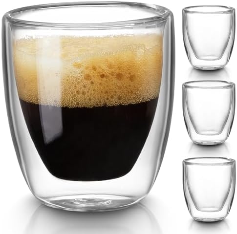Double Walled Espresso Cups Set of 4 (50% Thicker), 3 Ounce Clear Expresso Coffee Mugs, Espresso Shot Glasses, Double Wall Insulated Espresso Cups Suit for Espresso Machine, Microwave Safe