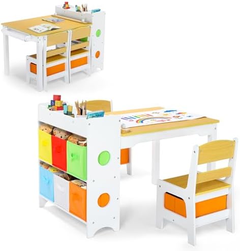 Kinder King Kids Art Table & Chair Set, Wood Toddler Activity Table for Kids Drawing, Reading, Studying, Crafting, Playing, 8 Removable Bins, Paper Roll for Playroom, Nursery, Natural