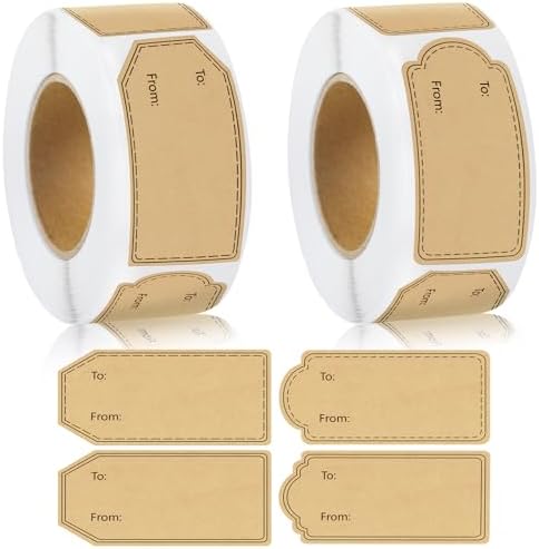 600 Pcs Gift Tag Stickers, 4 Styles Natural Kraft to and from Gift Tag Stickers 1.18"X2.36" Self Adhesive Christmas Labels Holiday Present Labels, 300 Pcs/Roll
