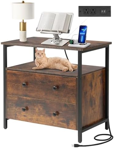 27 inch Wide Night Stand with Charging Station, Bedside Table with Open Shelf, 2 Drawers Small Wood Dresser, Modern Wood Nightstand for Bedroom/Living Room (Rustic Brown)
