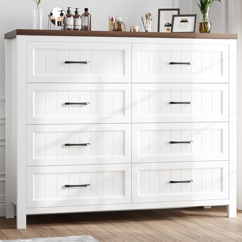 Farmhouse Dresser 8 Drawer Dresser for Bedroom, Large Wooden Dressers Double Grey Dresser with Deep Drawers Dressers for Hallway, Entryway (White and Brown)