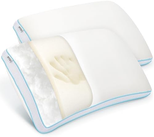 Pillows Queen Size Set of 2 for Sleeping - Fluffy Down Alternative Microfiber and Memory Foam Fill, Gusseted Soft Bed Pillow for Side,Stomach and Back Sleepers,Breathable Hotel Pillows(Medium)