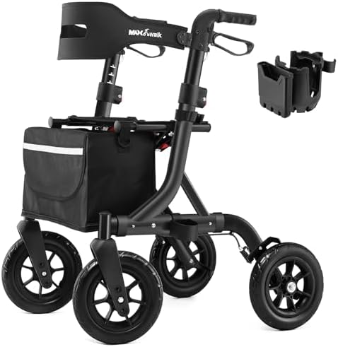Rollator Walker for Seniors, Foldable All Terrain Rolling Walker with seat, Aluminum Walkers with 10 inch Rubber Wheels, Built-in Cable, Cup Holder, Adjustable Handles and Backrest for Seniors, Black