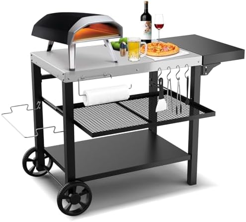 Outdoor Kitchen Island, Grill Table Cart with Drawer, Pizza Oven Stand, Movable 3-Shelf Prep Table with Side Table for Ninja Woodfire, Ooni Pizza Oven, Blackstone Griddle, Cuisinart, Cooking Station