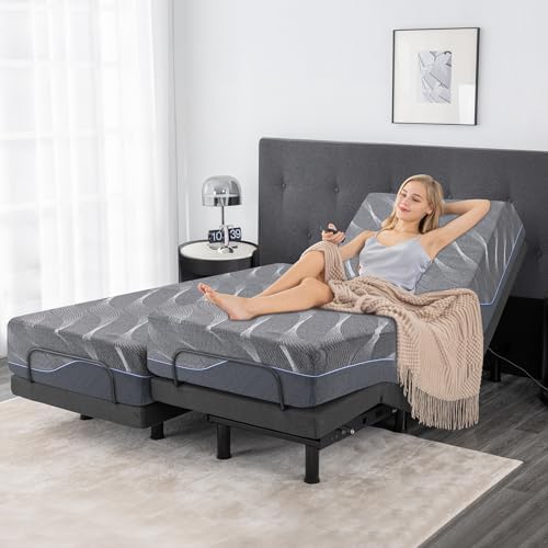 Split King Adjustable Bed Bases with Mattress,12 Inch Grey Gel Memory Foam Medium-Firm Mattress in Box, Adjustable Bed with Adjustable leg height,Sturdy Metal,Easy Assembly Smart Electric Bed Frame