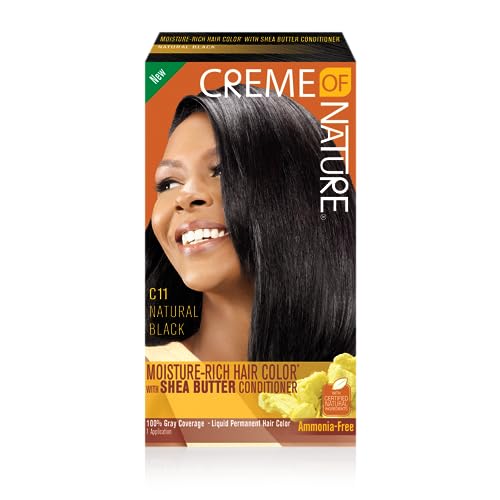 Moisture Rich Liquid Hair Color by Creme of Nature, C11 Natural Black, with Shea Butter Conditioner, 1 Application