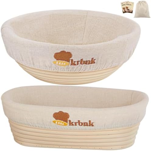 Banneton Bread Proofing Basket, Proofing Basket for Sourdough Bread Baking, Indonesian Rattan Bread Bowl Sourdough bread Baking Supplies with Linen Liner (9" Round + 10" Oval)
