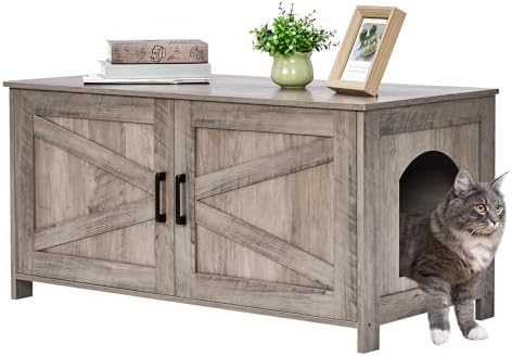 Homhedy 39.4" L Cat Litter Box Enclosure,Litter Box Furniture Hidden with Barn Door,Wooden Cat Washroom Furniture,Fit Most of Litter Box, Greige