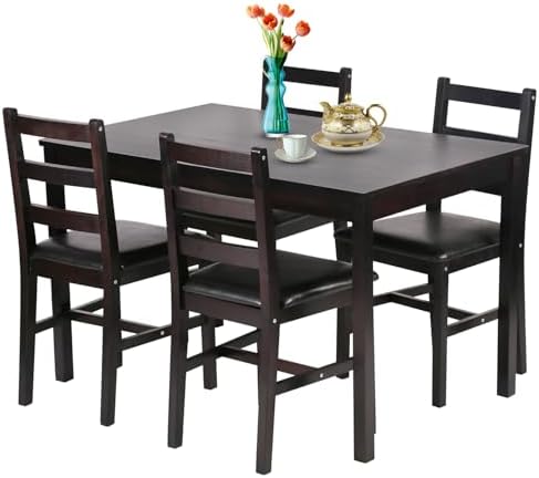 5 Pieces Kitchen Dining Room Set Dining Kitchen Table and Chairs Mid Century Style Wood Dinette Table Set for Home Family Dining Area Dark Brown