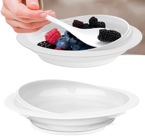 2Pack Spill Proof Scoop Plate with Non-Skid Suction Base, Adaptive Self-Feeding Dinnerware for Elderly and Disabled(White)