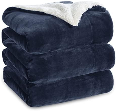 Bedsure Sherpa Fleece Blankets Queen Size for Bed - Thick and Warm, Soft Fuzzy Plush Queen Blanket for Winter, Navy, 90x90 Inches